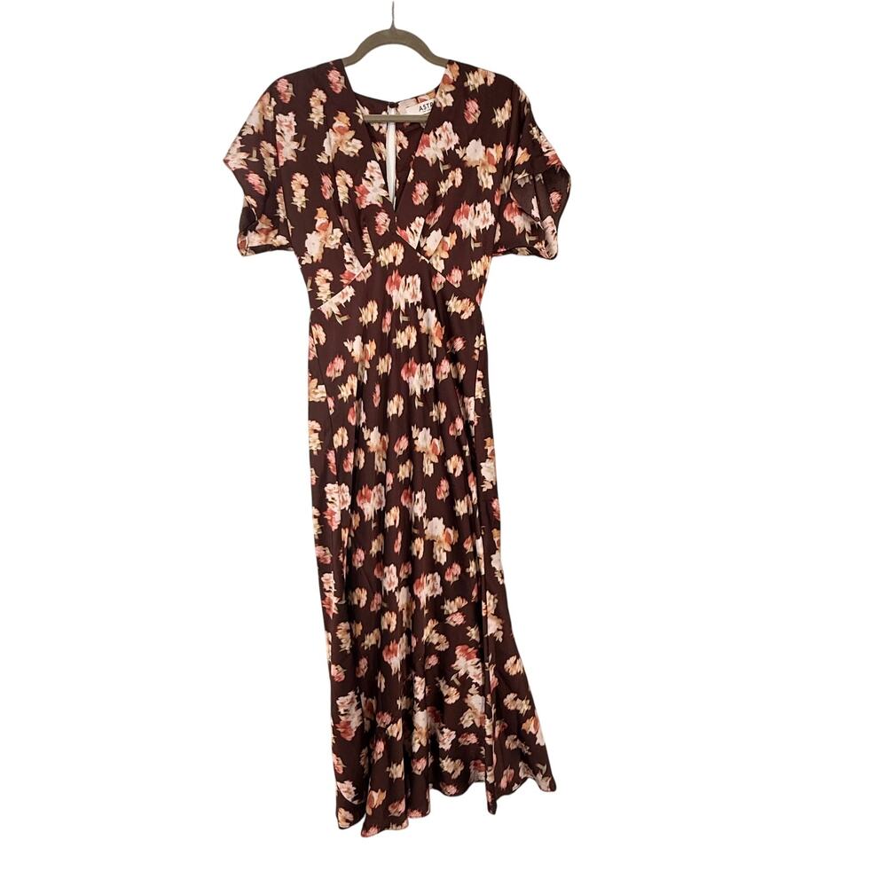 ASTR The Label Womens XS Brown Floral Midi Dress Flutter Sleeve Keyhole Back EUC